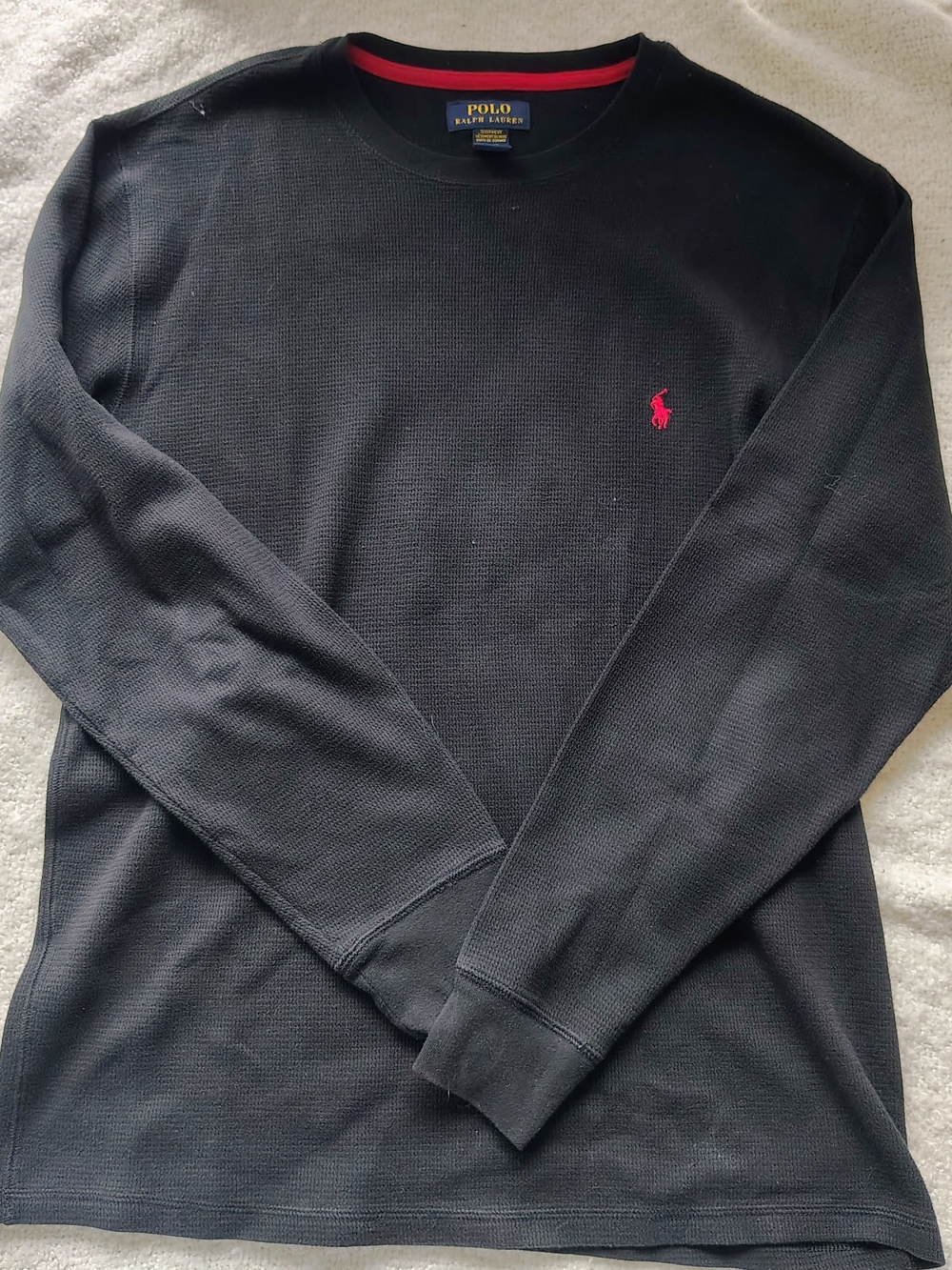 Polo Ralph Lauren black long-sleeve waffle-knit thermal shirt,Red logo Size L